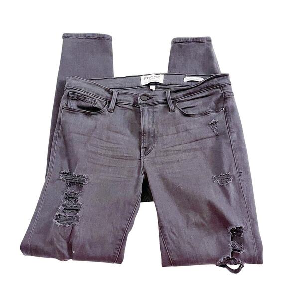 Frame Le Skinny De Jeanne St. Quintin Shred Black Denim Jeans Ripped SZ30 - Picture 3 of 9